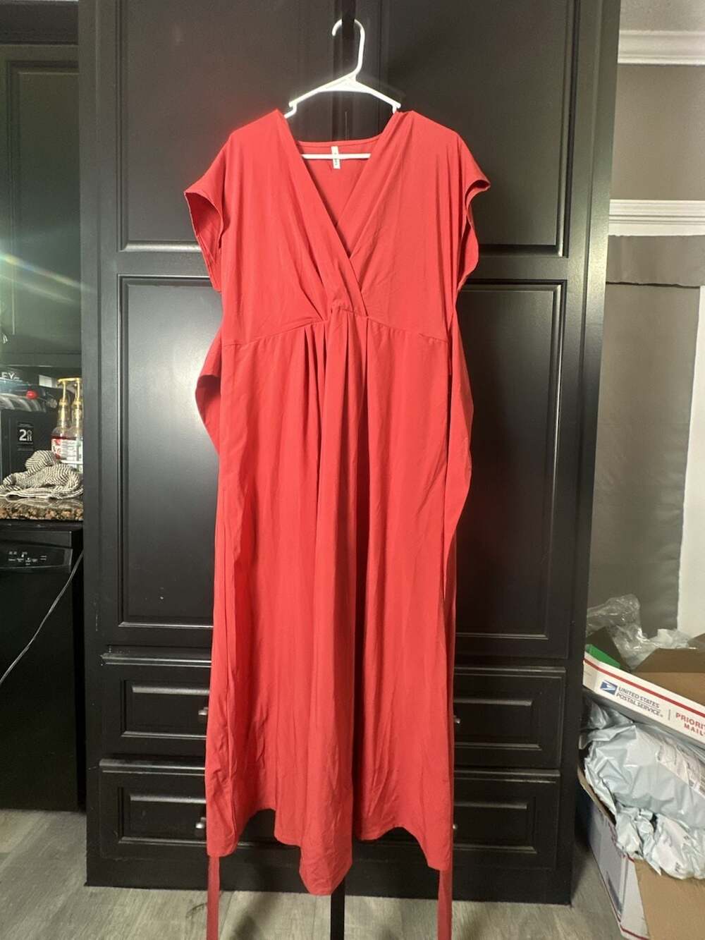 Halara Red V-Neck Cinched Waist Midi Dress#844